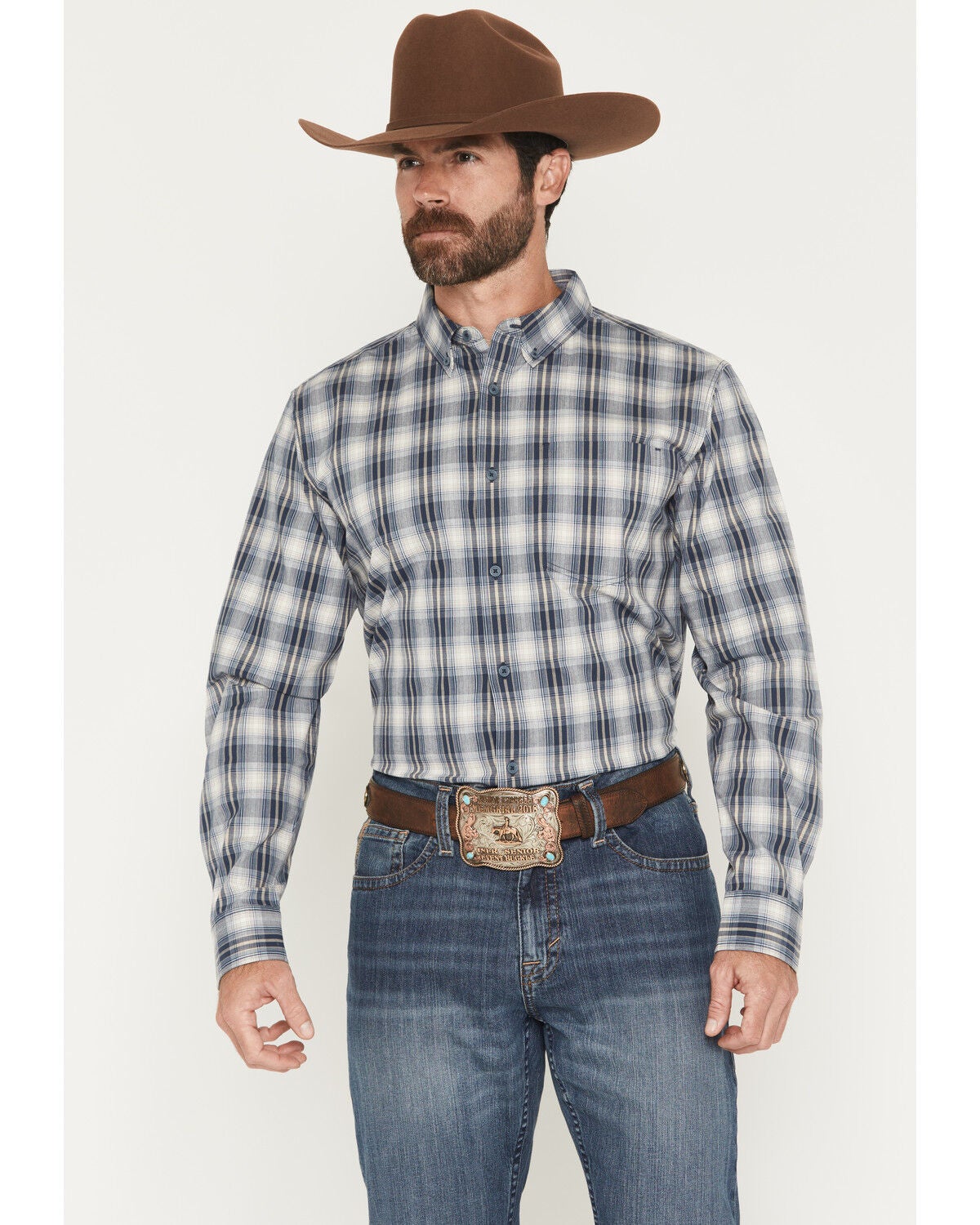Image #1 - Cody James Men's Tennessee Trail Plaid Print Long Sleeve Button-Down Stretch Western Shirt, Blue, hi-res