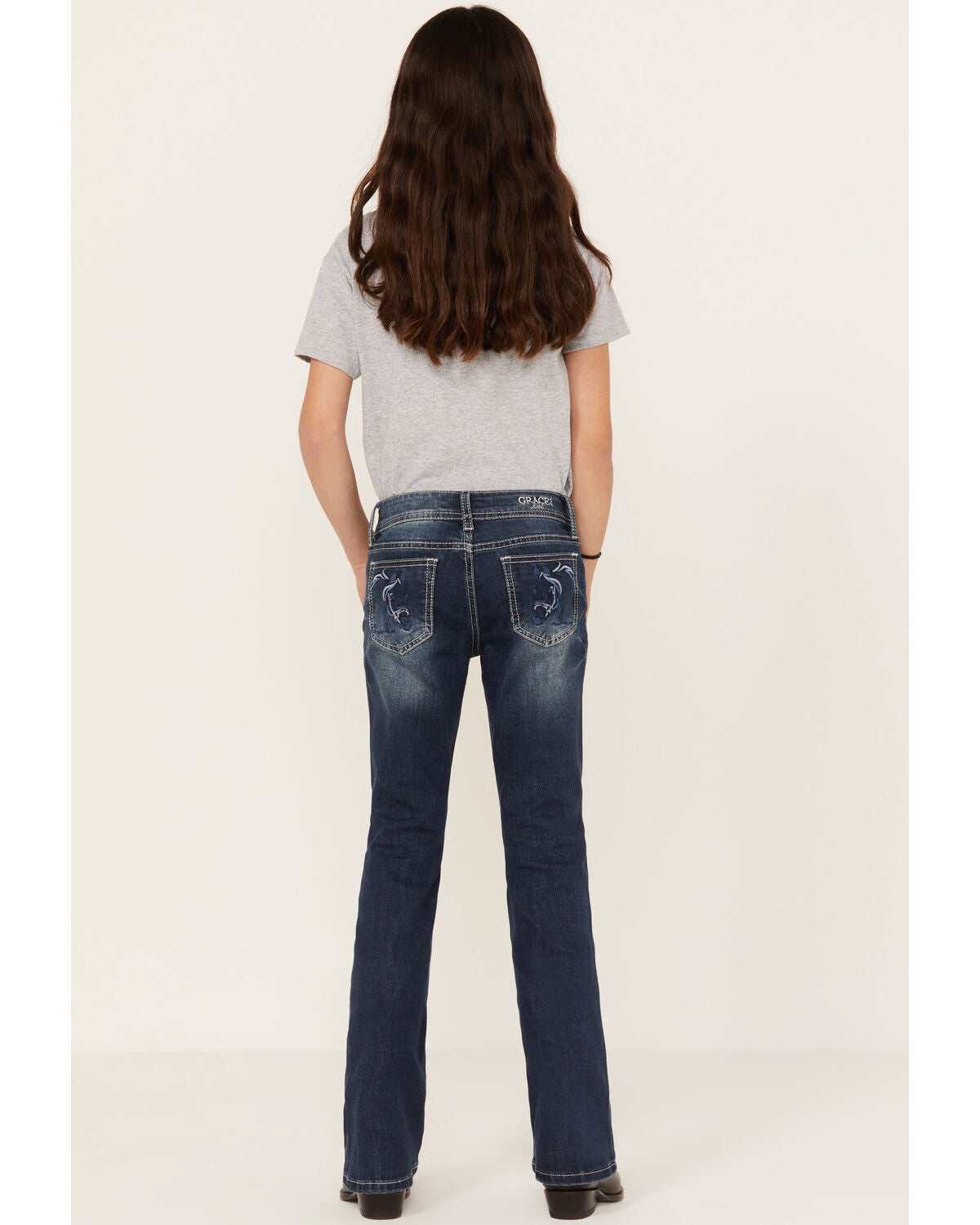 Grace in LA Girls' Medium Wash Horse Outline Bootcut Jeans, Blue, hi-res