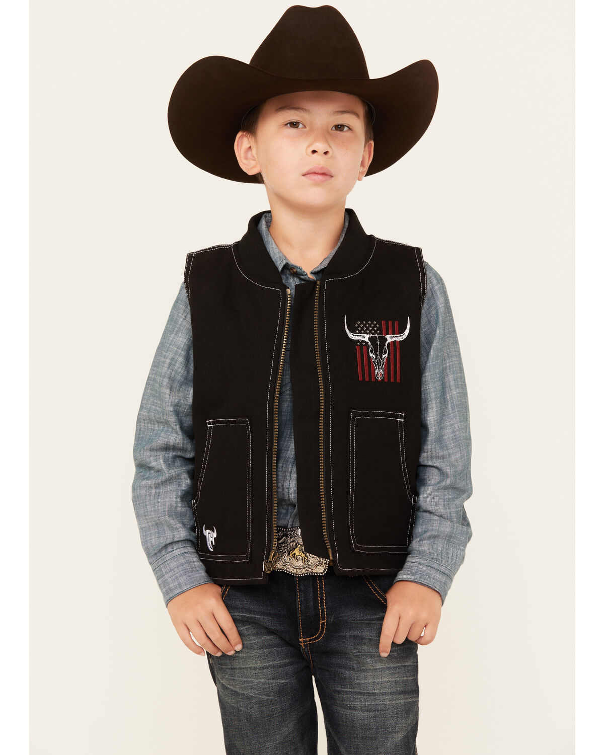 Image #1 - Cowboy Hardware Boys' Flag Skull Canvas Vest, Black, hi-res