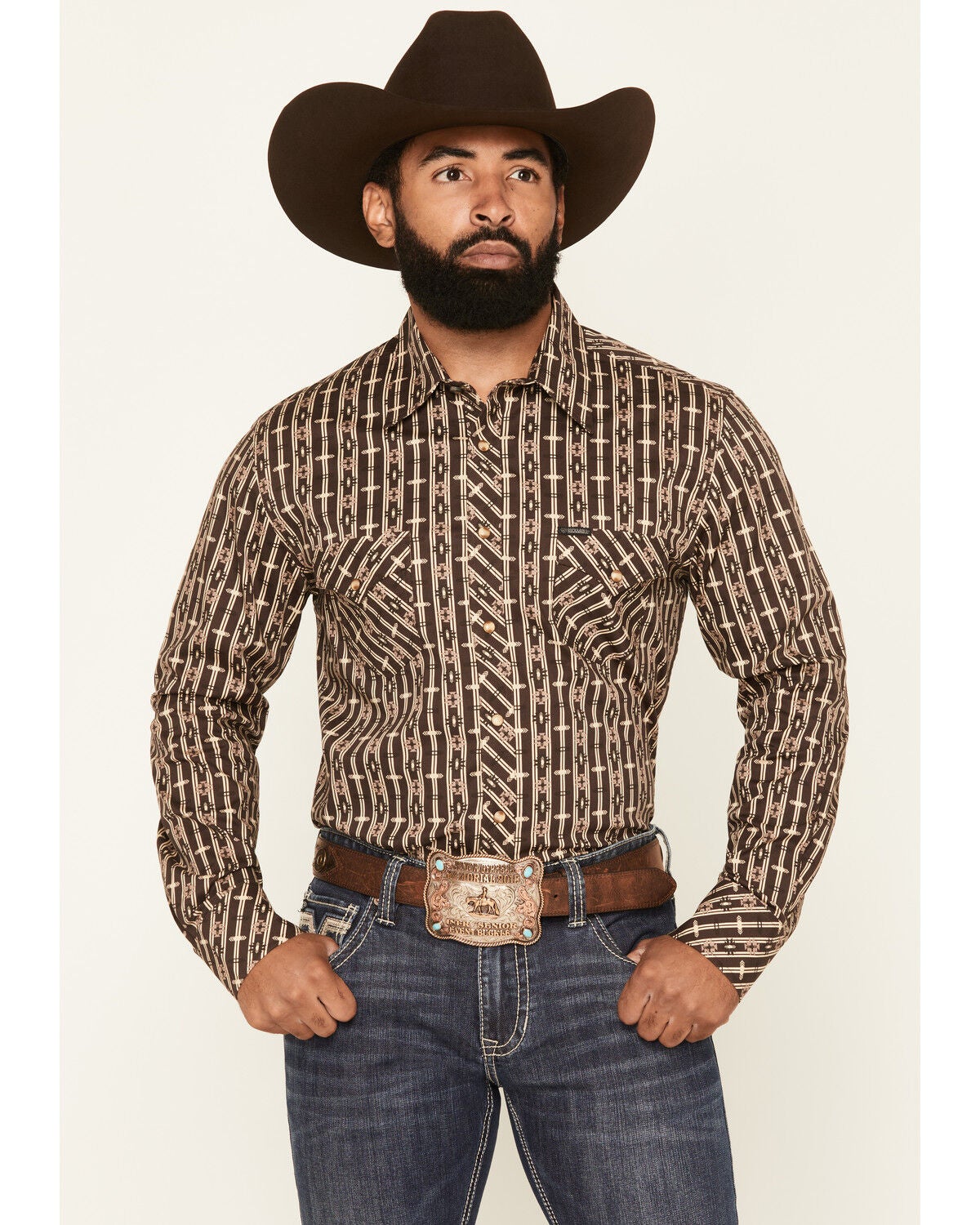 Image #1 - Rock & Roll Denim Men's Southwestern Striped Long Sleeve Snap Stretch Western Shirt, Brown, hi-res