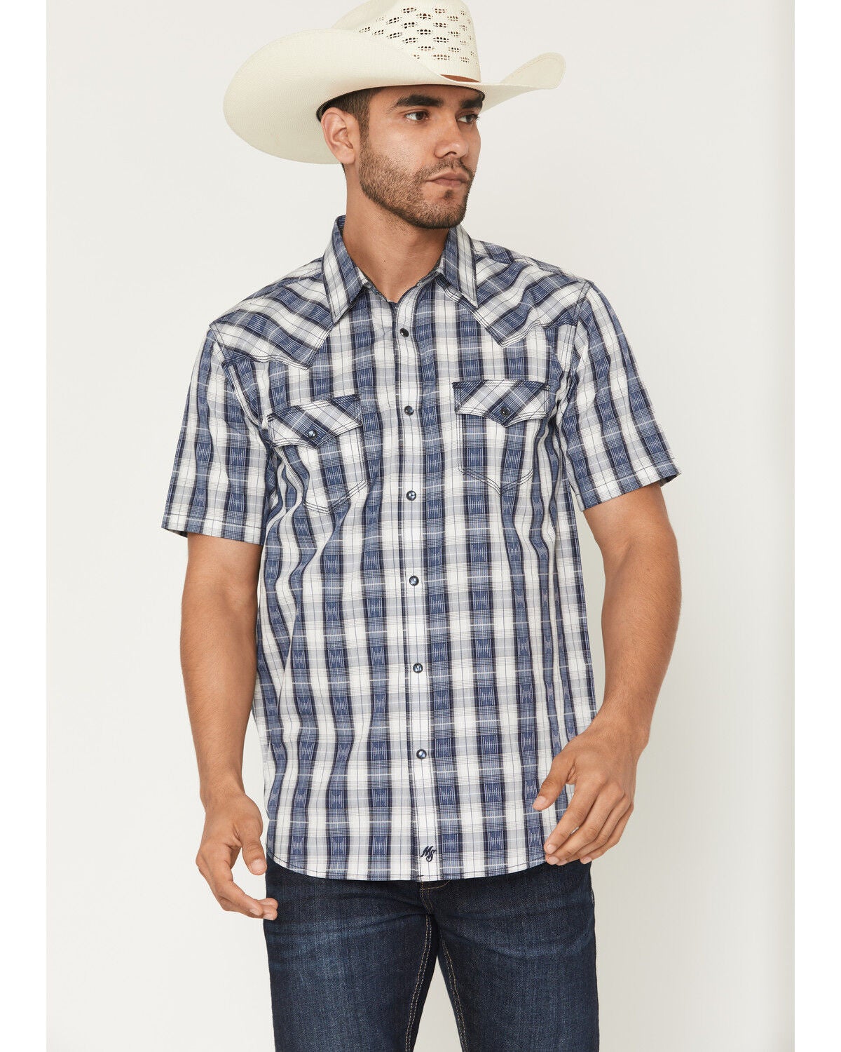 Image #1 - Moonshine Spirit&reg; Men's Desert Willow Plaid Print Short Sleeve Pearl Snap Western Shirt, Blue, hi-res