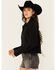 Image #4 - Blue B Women's Back Chain Fringe Cropped Denim Jacket, Black, hi-res