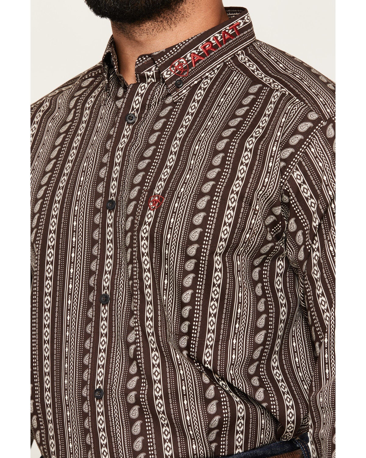 Image #3 - Ariat Men's Team Ean Southwestern Striped Print Long Sleeve Button-Down Western Shirt, Chocolate, hi-res