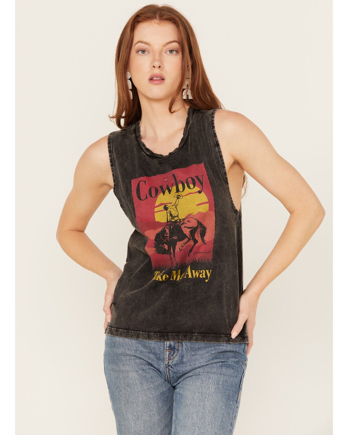 Bohemian Cowgirl Women's Distressed Cowboy Take Me Away Graphic Tank, Black, hi-res