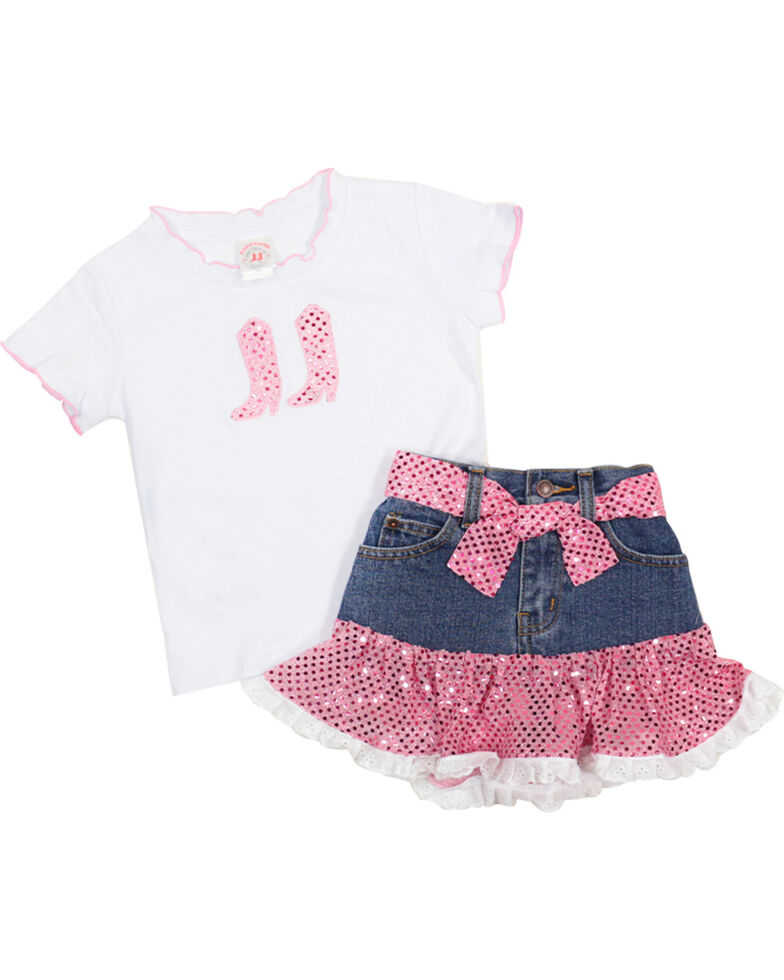 Kid's Korral Girl's Sequin Ruffle Shirt and Skirt Set, Pink, hi-res
