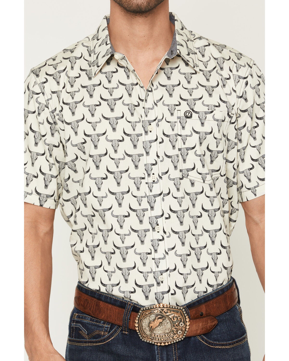 Image #3 - Cody James Men's Toro Steer Head Print Short Sleeve Button-Down Stretch Western Shirt - Big, Tan, hi-res