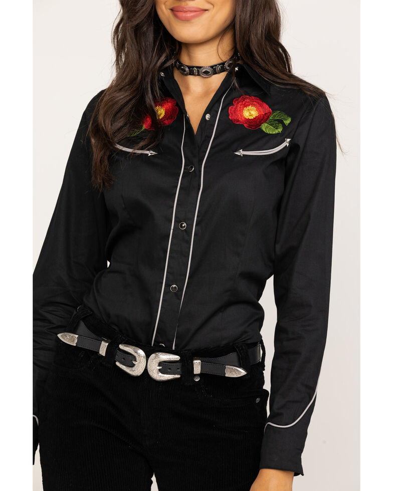 Old West Women S Black Red Floral Embroidered Long Sleeve Western