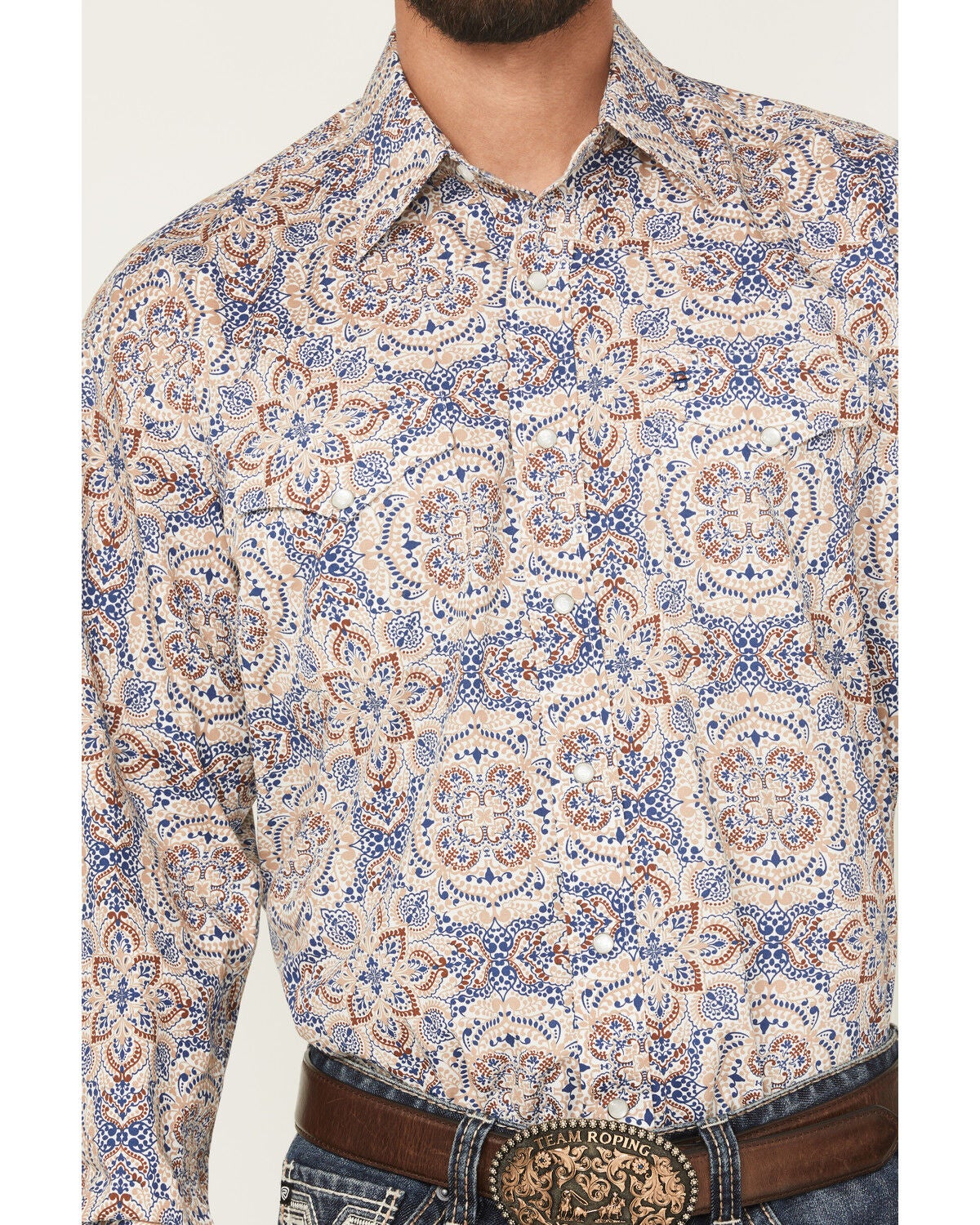 Image #3 - Stetson Men's Medallion Print Long Sleeve Snap Western Shirt, Blue, hi-res