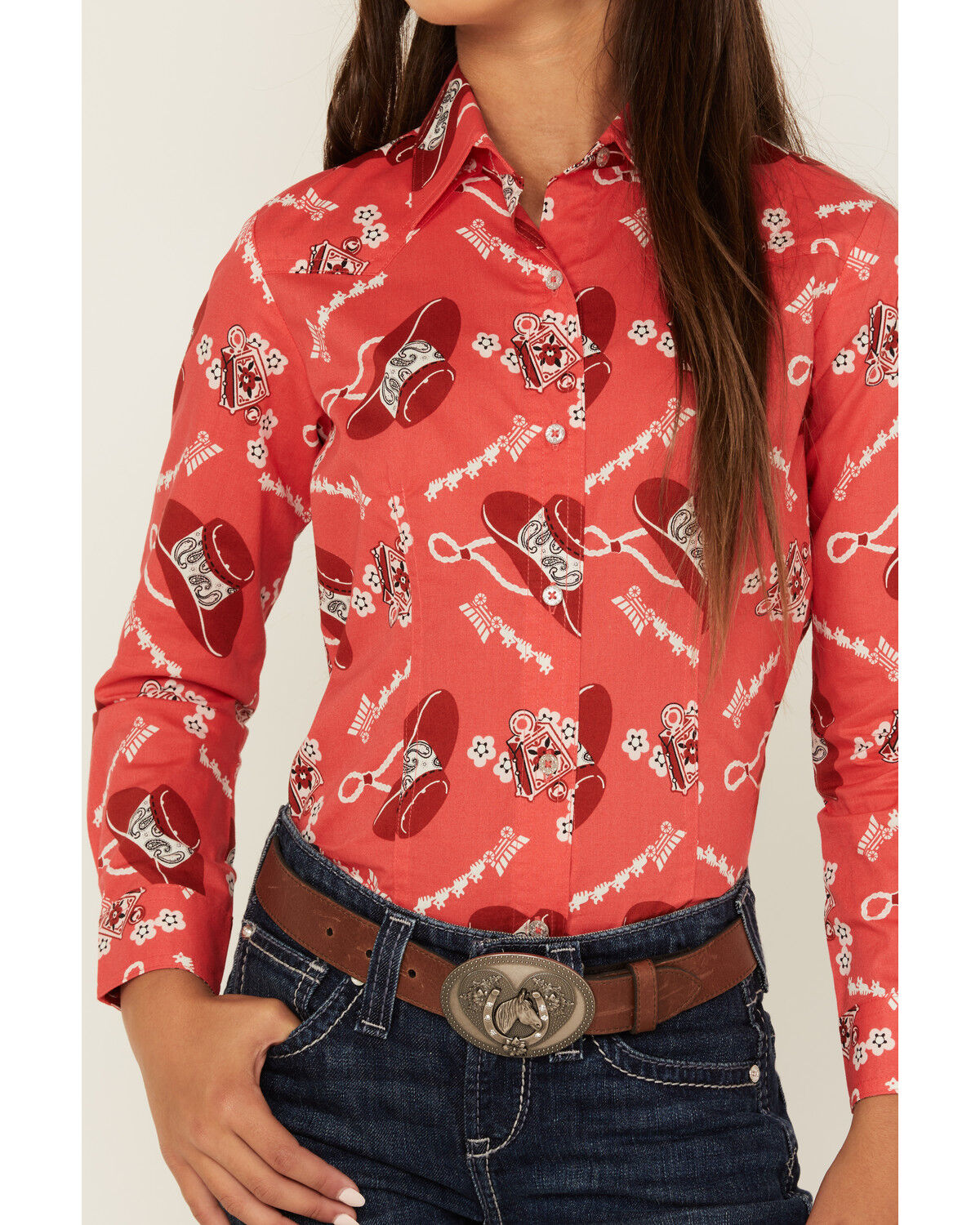Image #3 - Cruel Girl Girls' Conversation Print Long Sleeve Button-Down Western Shirt, Coral, hi-res