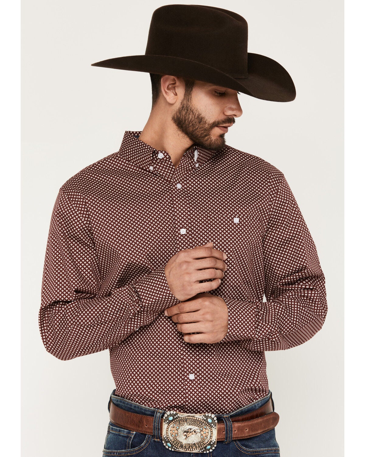 Image #1 - RANK 45&reg; Men's Thorn Geo Print Long Sleeve Button-Down Stretch Western Shirt, Burgundy, hi-res