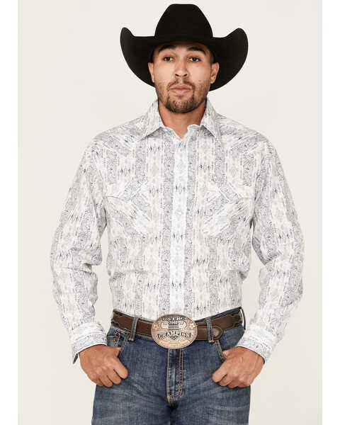 Image #1 - Rough Stock By Panhandle Men's Stretch Vertical Paisley Print Long Sleeve Pearl Snap Western Shirt , Light Blue, hi-res