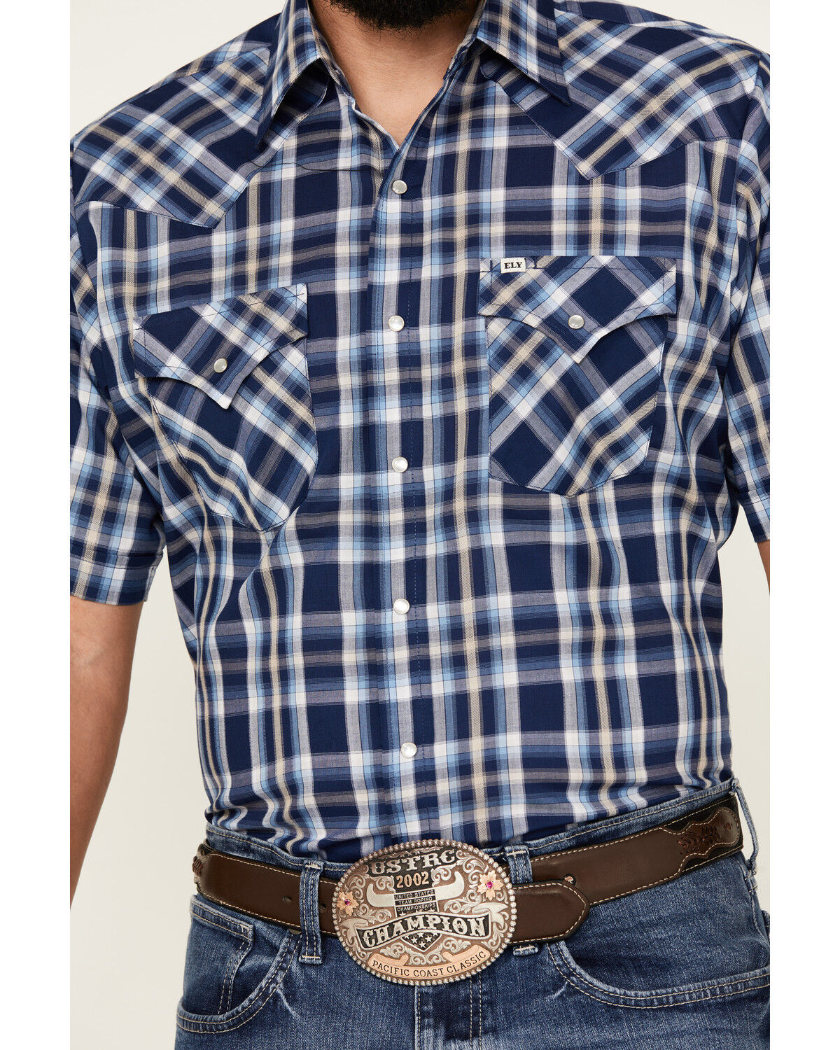 Image #3 - Ely Walker Men's Plaid Print Short Sleeve Pearl Snap Western Shirt, Navy, hi-res