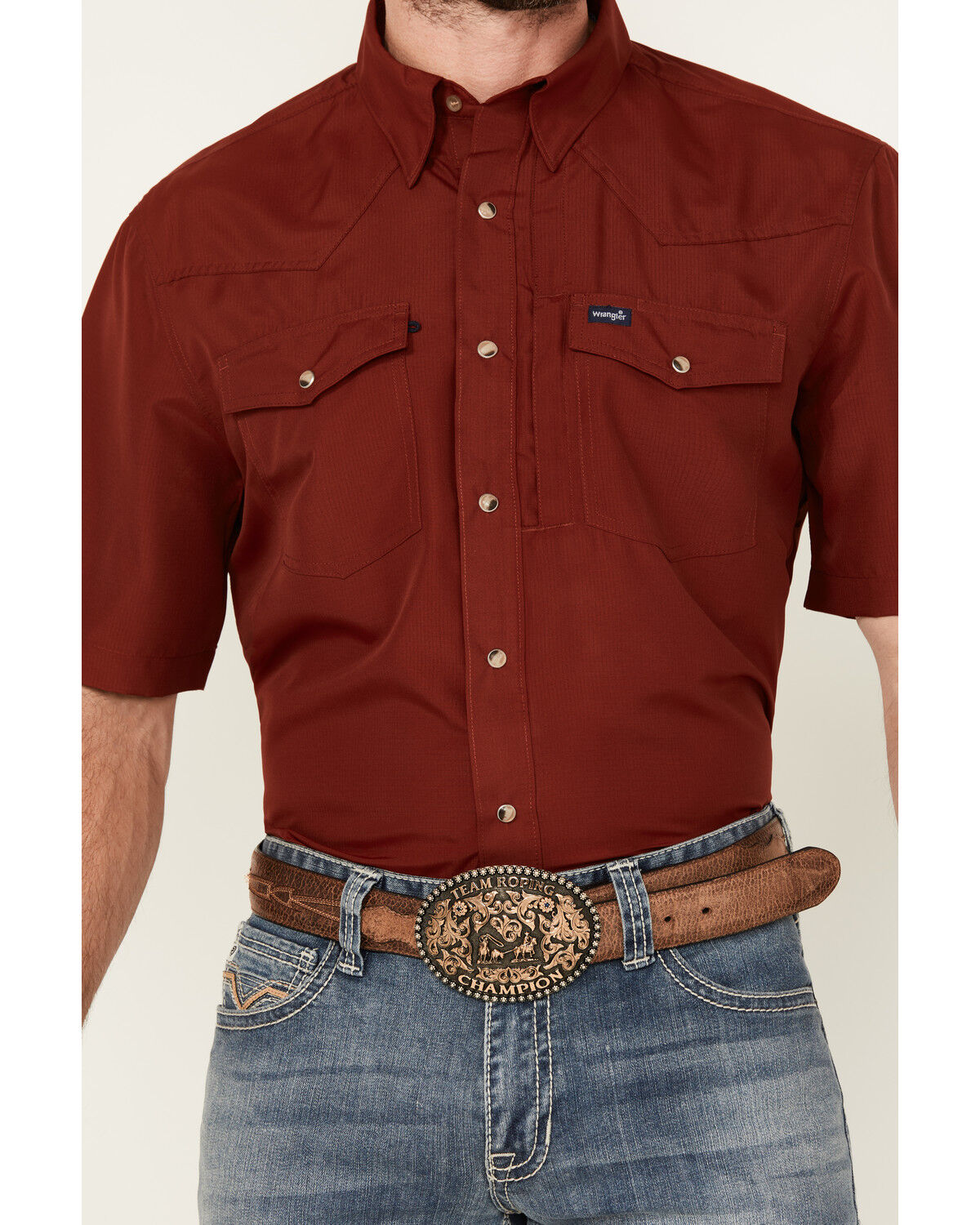Image #3 - Wrangler Men's Solid Short Sleeve Snap Performance Western Shirt, Red, hi-res