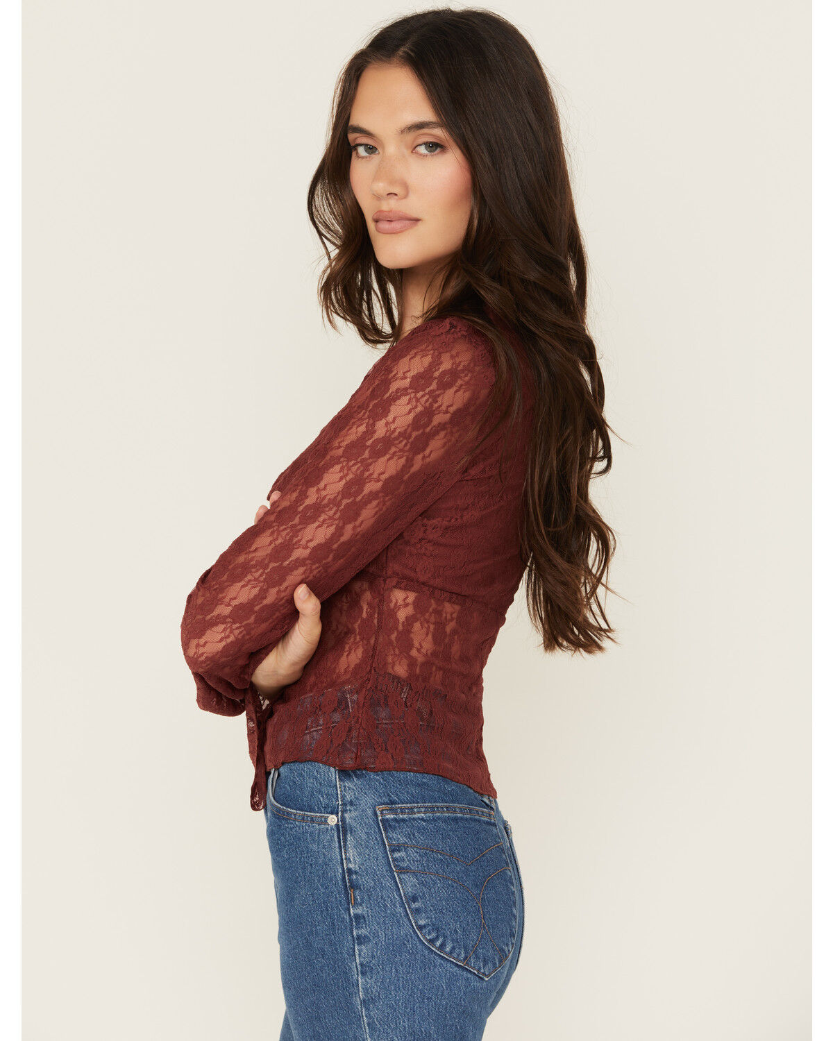 Image #2 - Trixxi Women's Solid Lace Long Bell Sleeve Shirt, Brown, hi-res