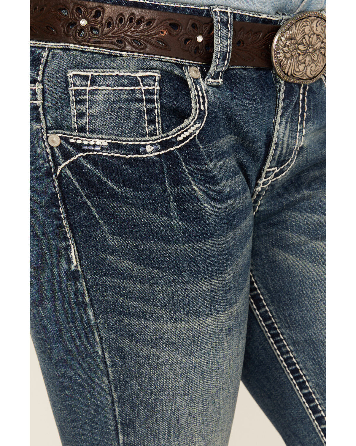 Image #4 - Shyanne Girls' Arrowhead Dark Wash Dreamcatcher Pocket Bootcut Stretch Denim Jeans, Dark Wash, hi-res