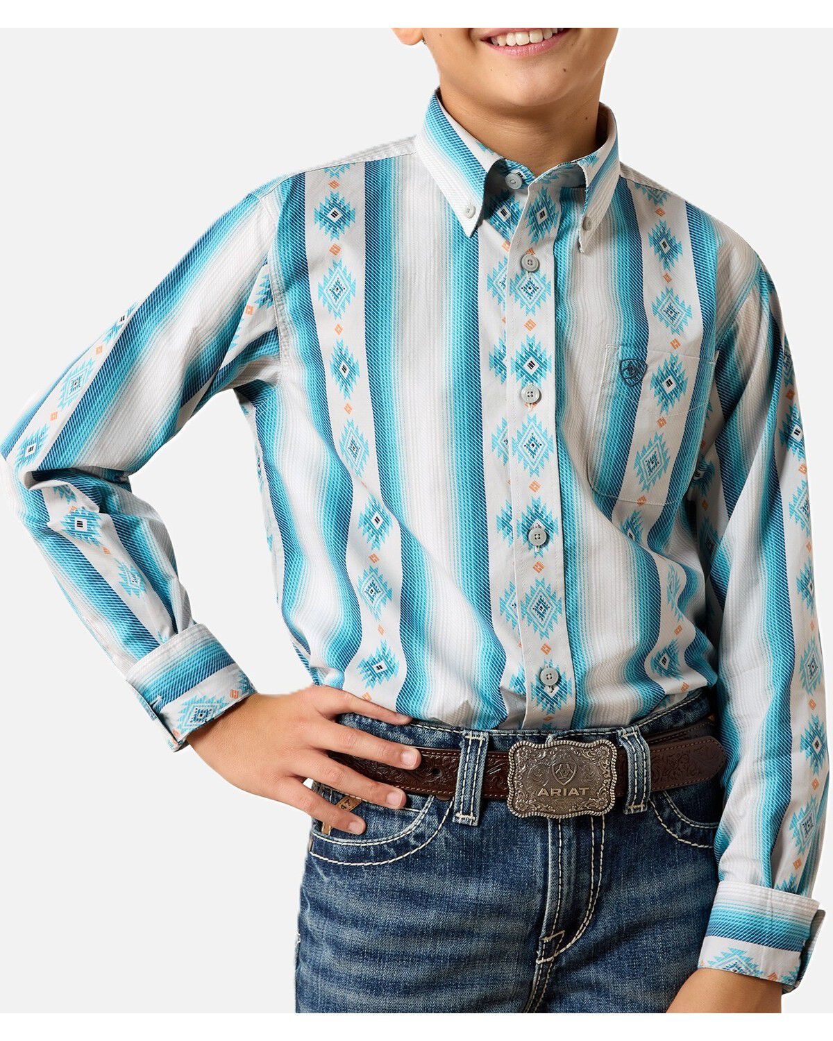 Image #1 - Ariat Boys' Southwestern Serape Striped Long Sleeve Button-Down Western Shirt, Grey, hi-res