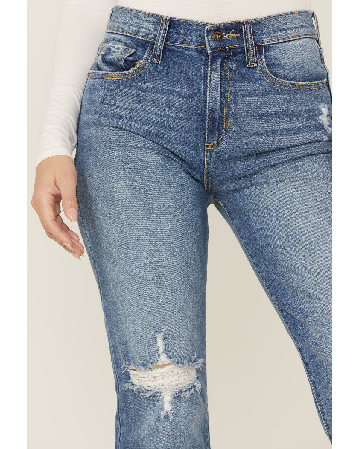 Image #2 - Sneak Peek Women's Medium Dark Wash High Rise Distressed Knee Straight Jean, Blue, hi-res