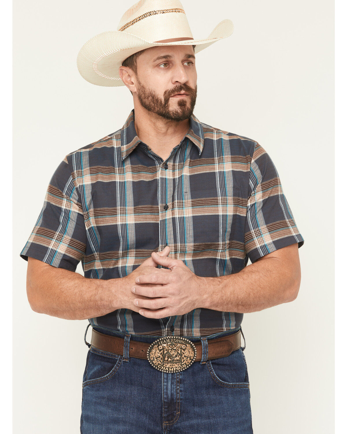 Image #1 - Cody James Men's High Plains Ranch Plaid Print Short Sleeve Button-Down Stretch Western Shirt, Navy, hi-res