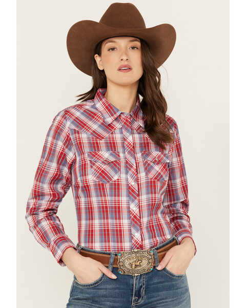 Image #1 - Ely Walker Women's Plaid Print Long Sleeve Pearl Snap Western Shirt, Red, hi-res
