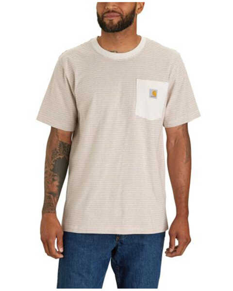Carhartt Men's Striped Print Relaxed Fit Heavyweight Short Sleeve Pocket T-Shirt - Tall , Tan, hi-res