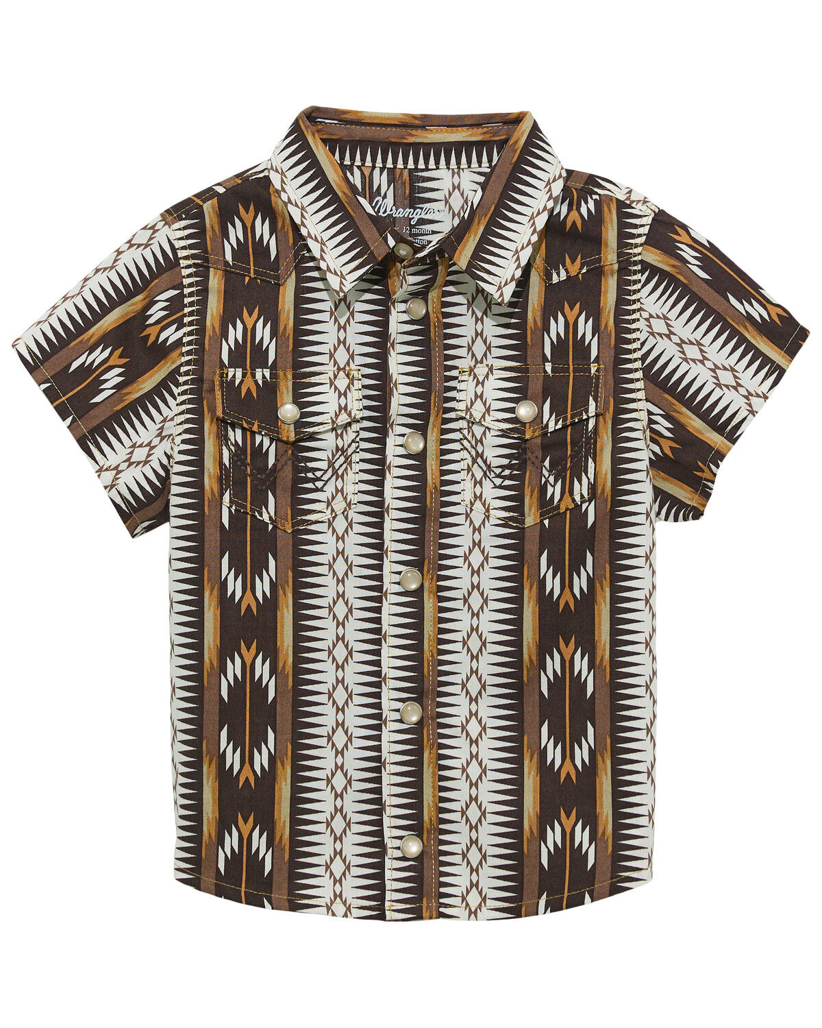 Image #1 - Wrangler Toddler Boys' Southwestern Striped Short Sleeve Pearl Snap Western Shirt, Brown, hi-res