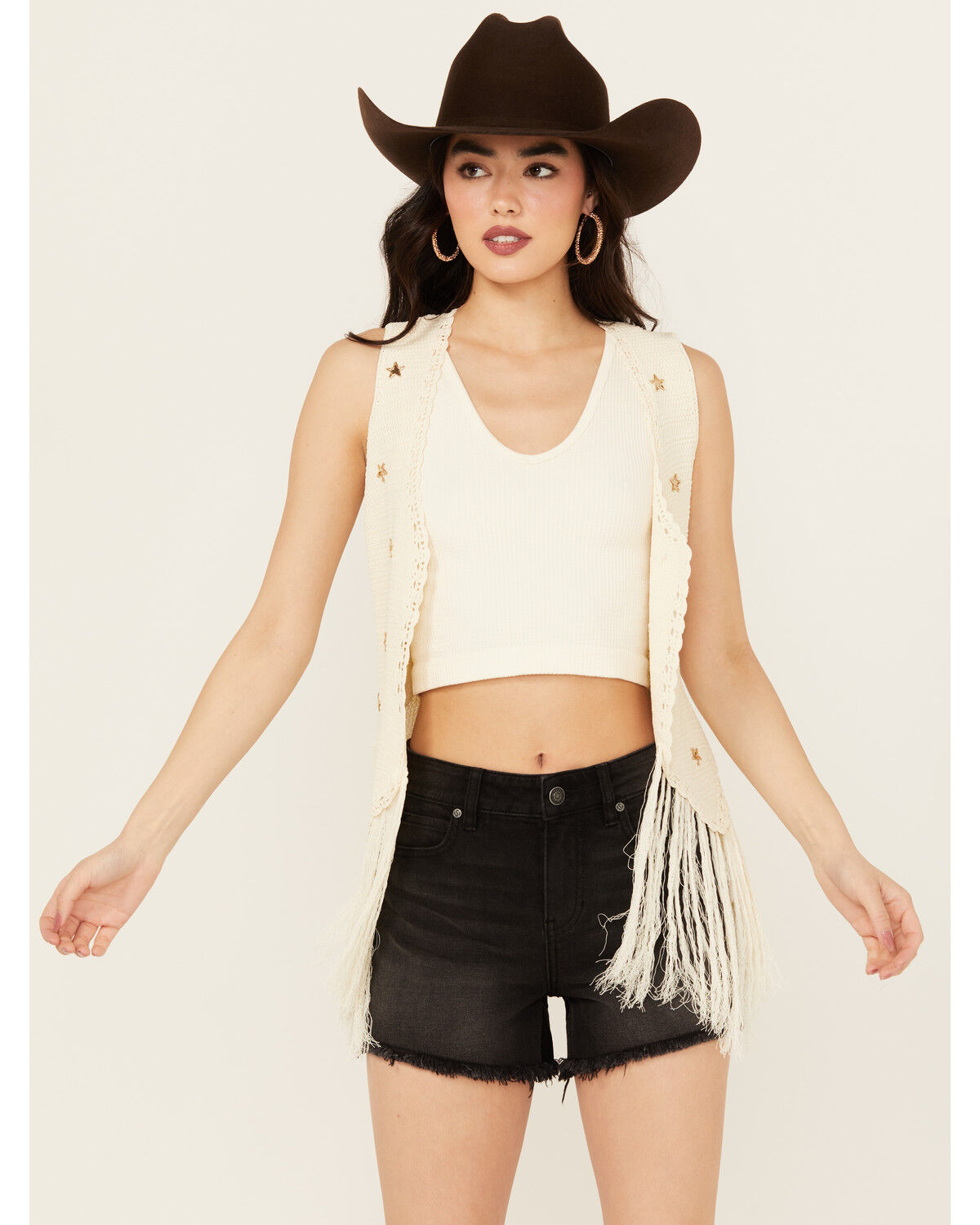 Image #2 - Blue B Women's Star Crochet Fringe Vest, Taupe, hi-res
