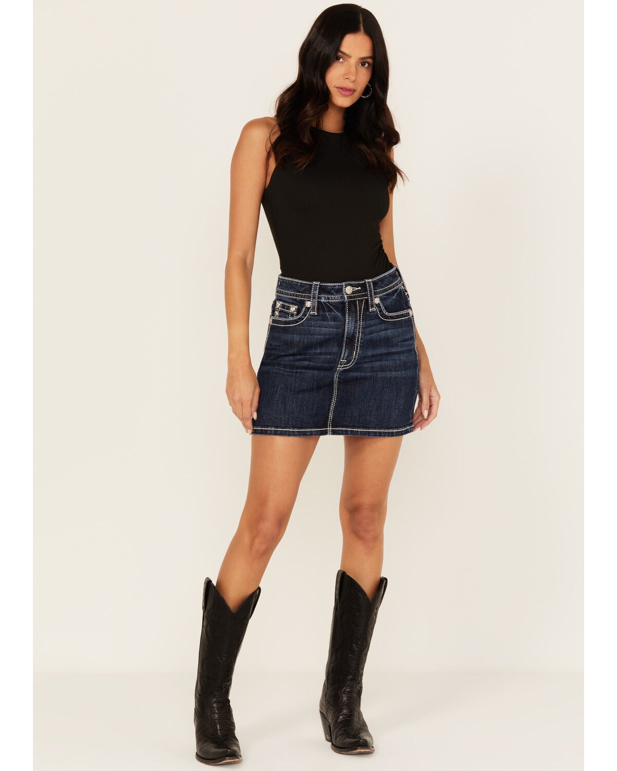 Miss Me Women's Dark Wash Embroidered Pocket Stretch Denim Mini