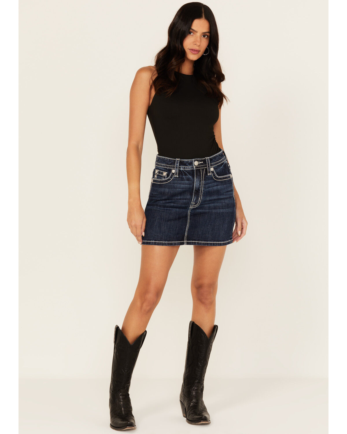 Image #1 - Miss Me Women's Dark Wash Embroidered Pocket Stretch Denim Mini Skirt, Dark Wash, hi-res