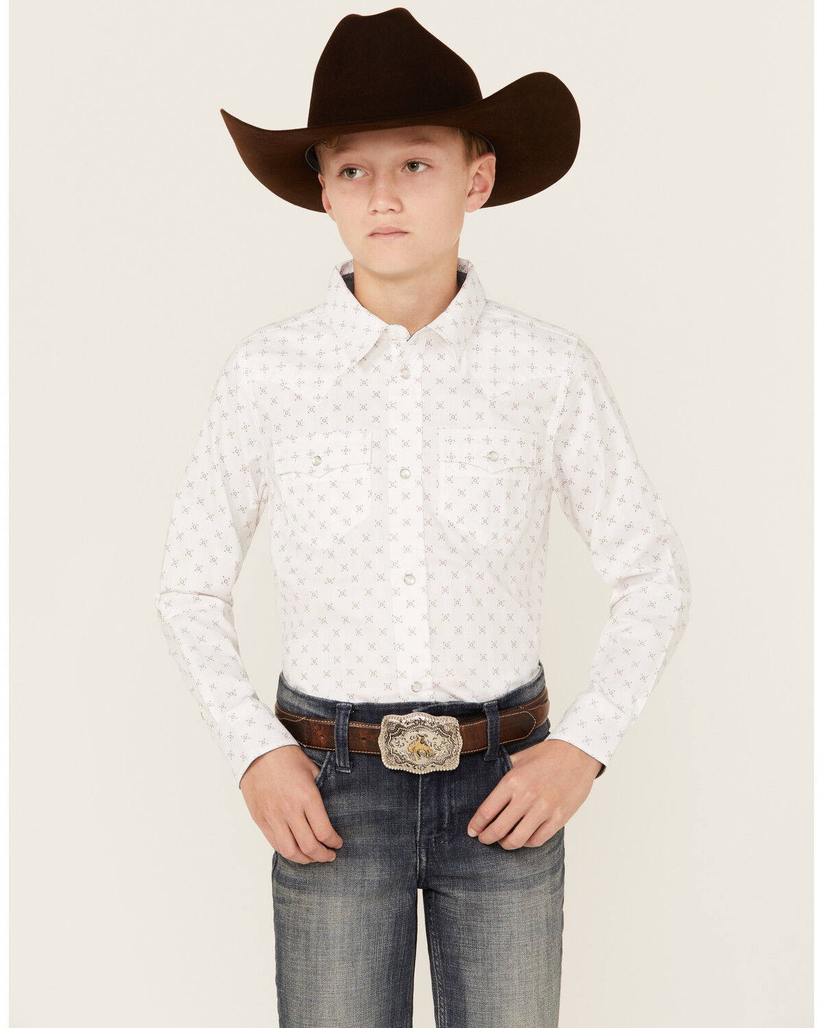 Image #1 - Cody James Boys' North Star Geo Print Long Sleeve Pearl Snap Western Shirt, Ivory, hi-res
