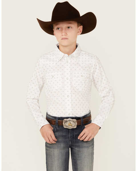 Image #1 - Cody James Boys' North Star Geo Print Long Sleeve Pearl Snap Western Shirt , Ivory, hi-res