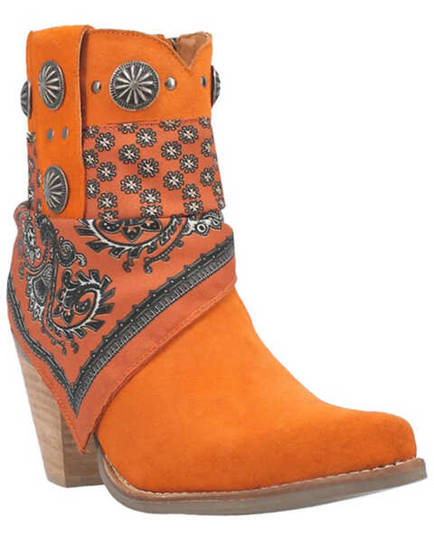 Dingo Women's Suede Bandida Western Booties - Medium Toe , Orange, hi-res