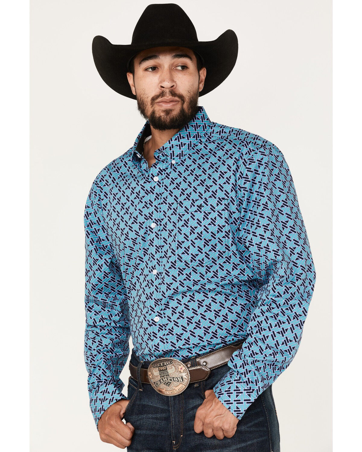 Image #2 - RANK 45&reg; Men's Tie-Down Geo Print Button-Down Western Shirt, Blue, hi-res