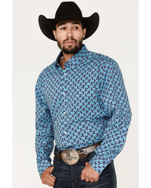 Image #2 - RANK 45® Men's Tie-Down Geo Print Button-Down Western Shirt , Blue, hi-res