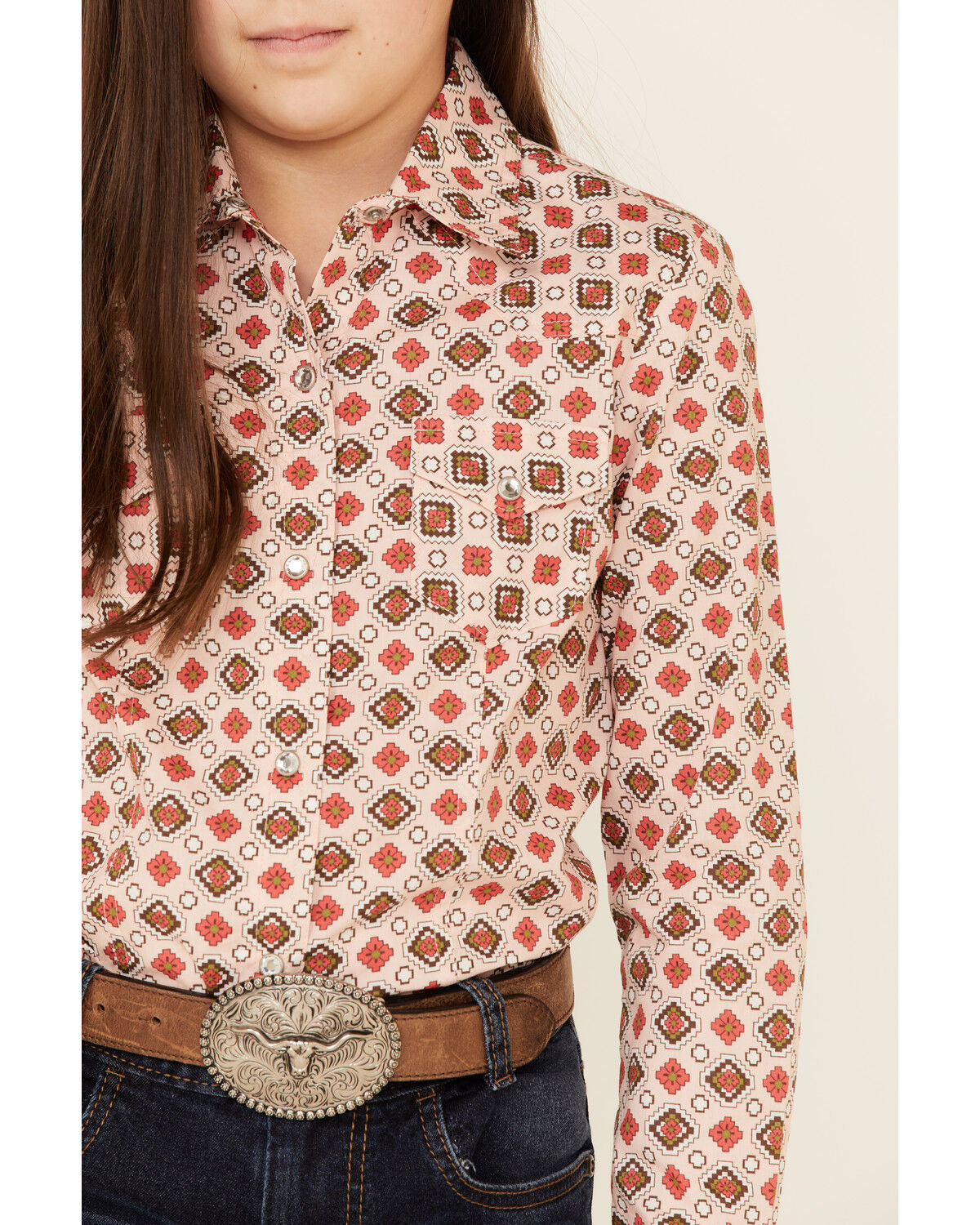 Image #3 - Cruel Girl Girls' Diamond Geo Print Long Sleeve Pearl Snap Western Shirt, Pink, hi-res