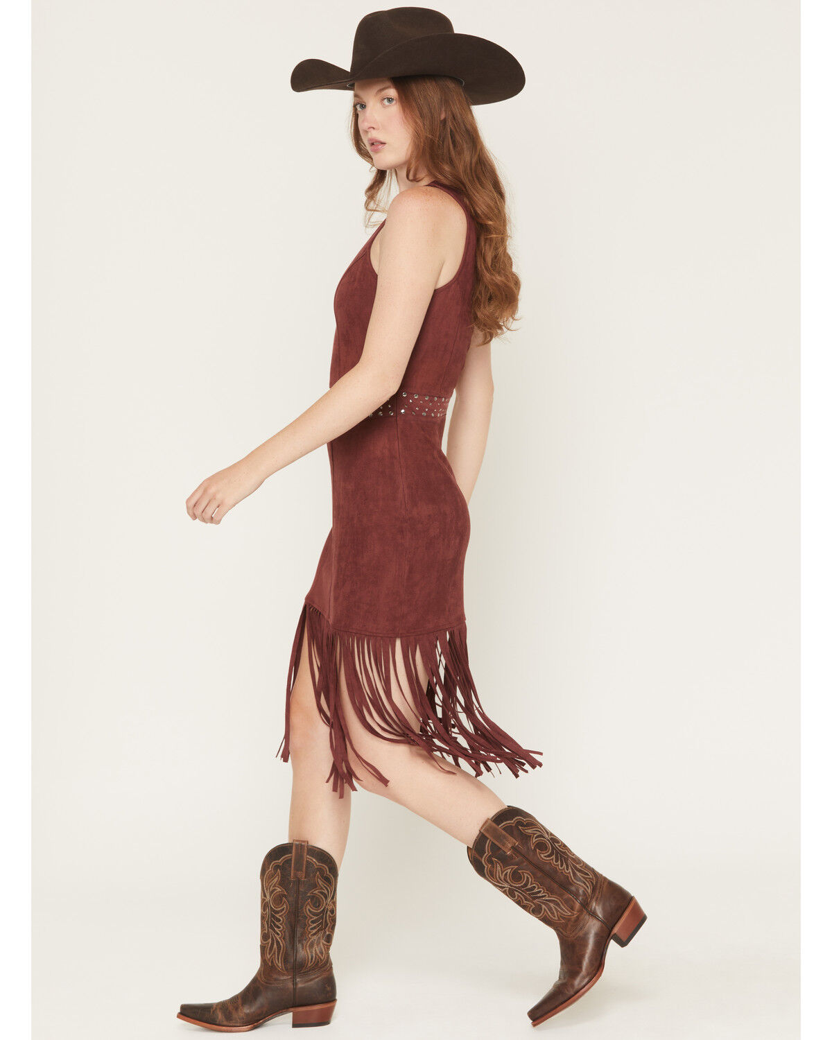 Image #2 - Rock & Roll Denim Women's Faux Suede Fringe Belted Sleeveless Midi Dress, Wine, hi-res