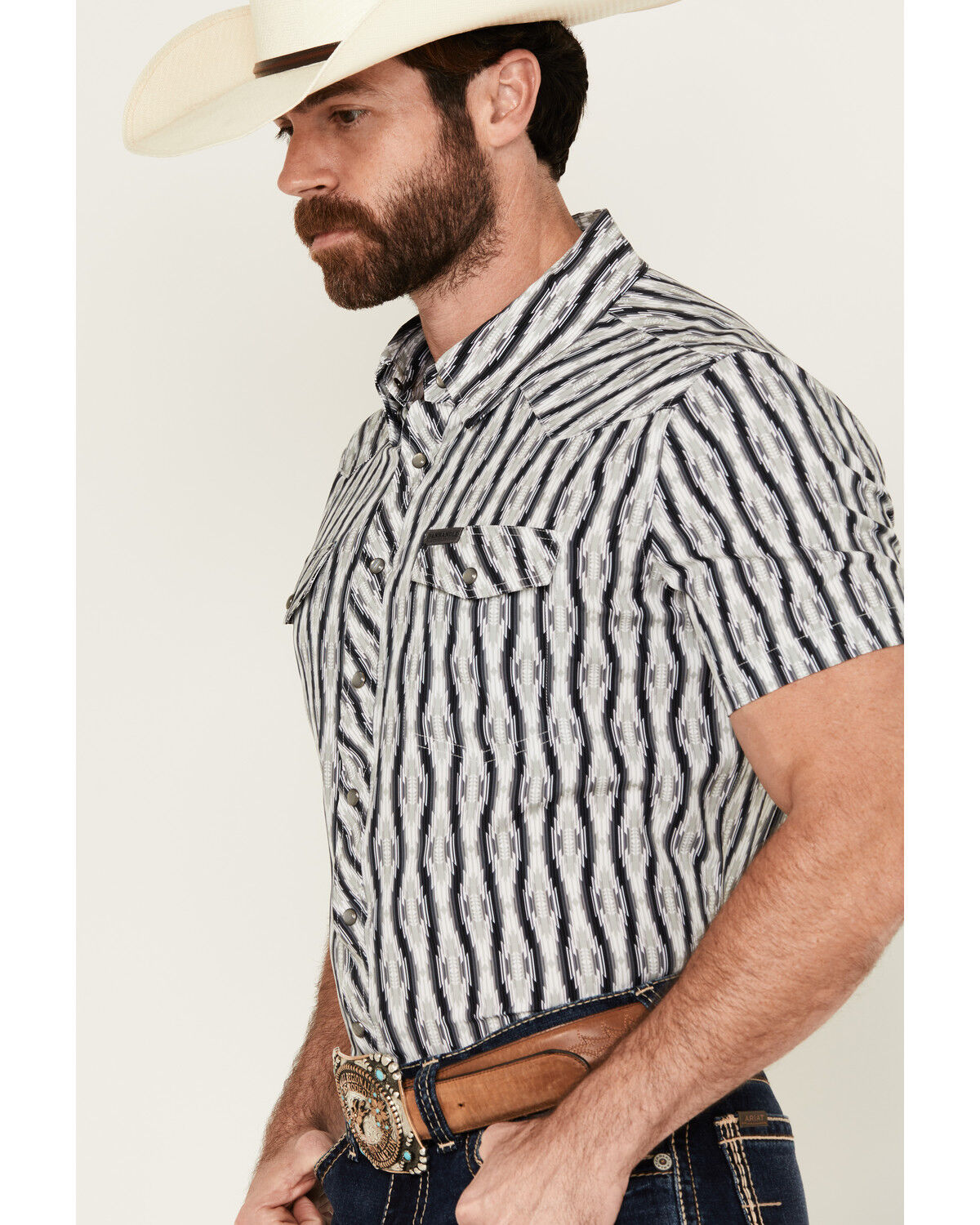 Image #2 - Panhandle Men's Southwestern Print Short Sleeve Snap Stretch Western Shirt, Black, hi-res