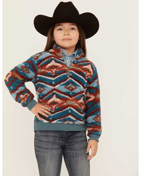 Image #1 - Rock & Roll Denim Girls' Southwestern Print Sherpa Pullover , Blue, hi-res