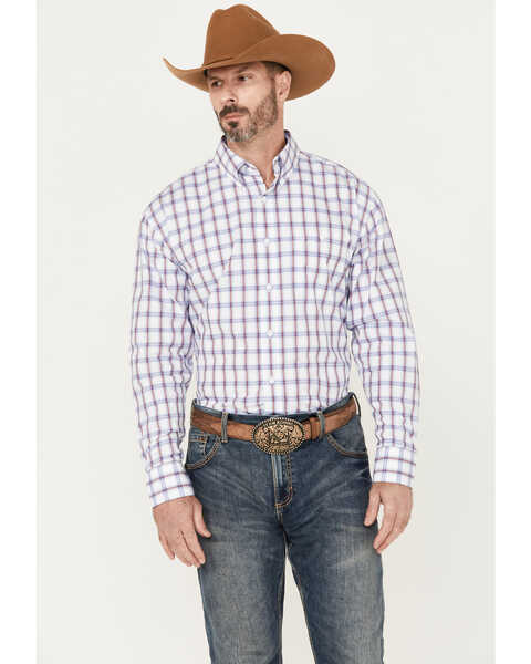 Image #1 - George Strait by Wrangler Men's Plaid Print Long Sleeve Button-Down Western Shirt, White, hi-res