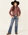 Roper Girls' Floral Print Long Sleeve Pearl Snap Western Shirt , Burgundy, hi-res