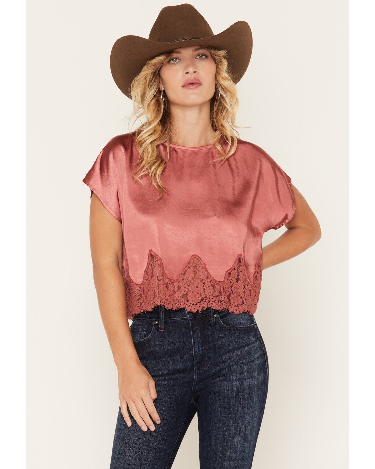 Image #1 - By Together Women's Solid Satin Lace Trim Short Sleeve Shirt, Red, hi-res