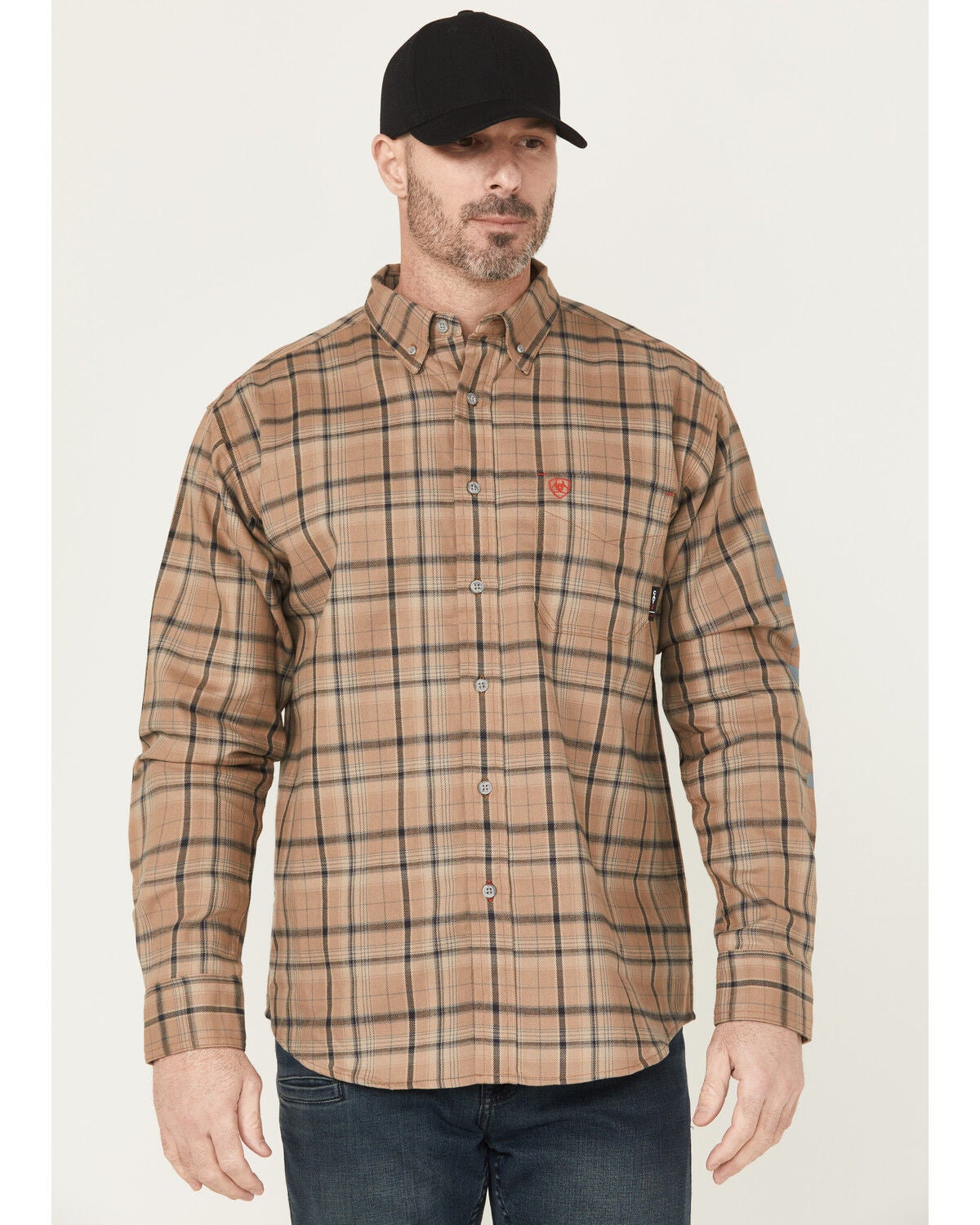 Ariat Men's FR Dean Plaid Print Long Sleeve Button-Down Work Shirt, Khaki, hi-res
