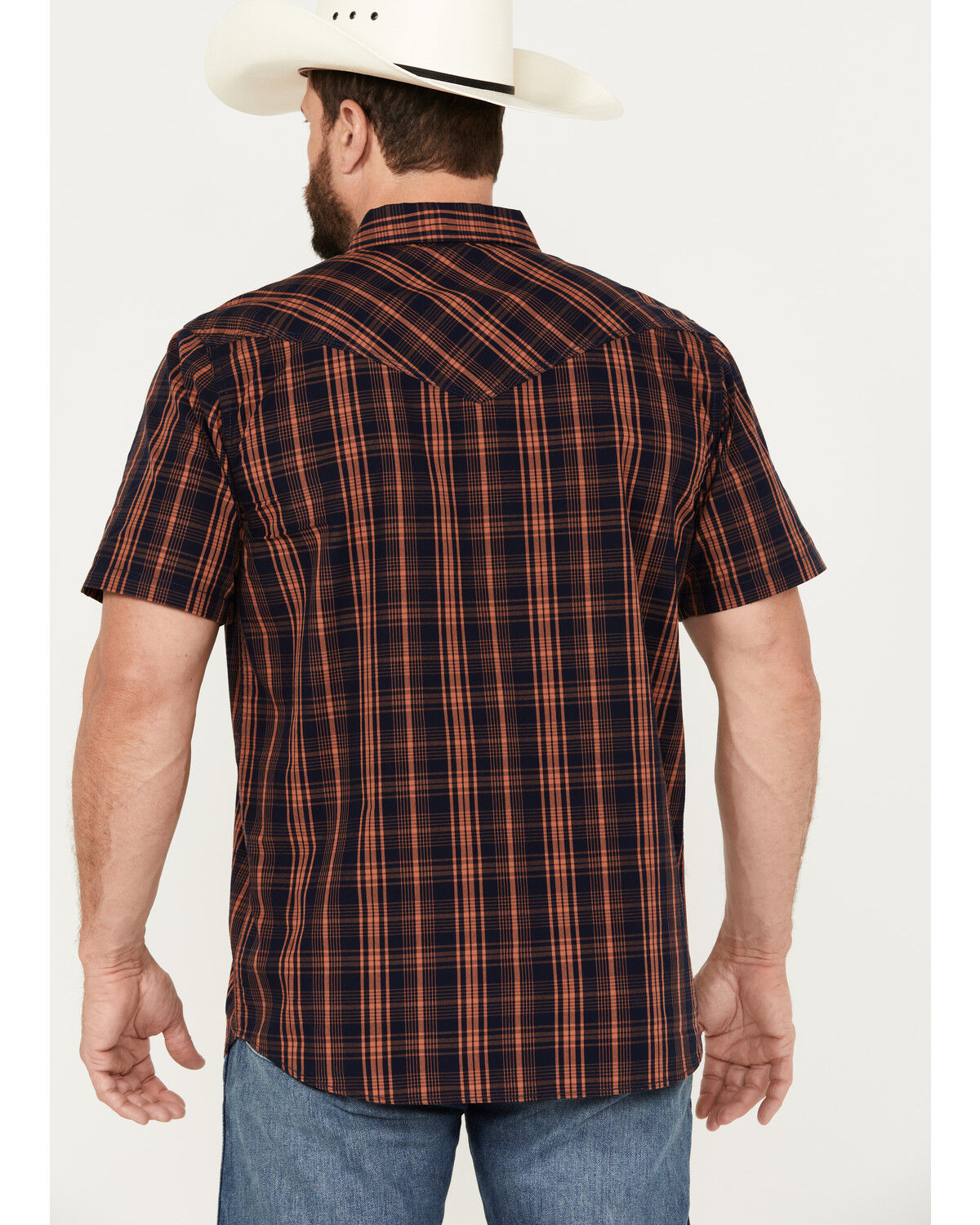 Image #4 - Moonshine Spirit Men's Strummin Plaid Print Short Sleeve Western Snap Shirt, Navy, hi-res