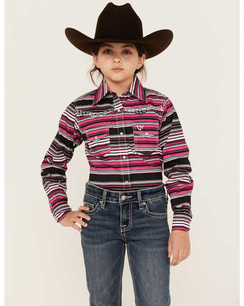 Image #1 - Cowgirl Hardware Girls' Beach Serape Striped Long Sleeve Snap Western Shirt , Hot Pink, hi-res