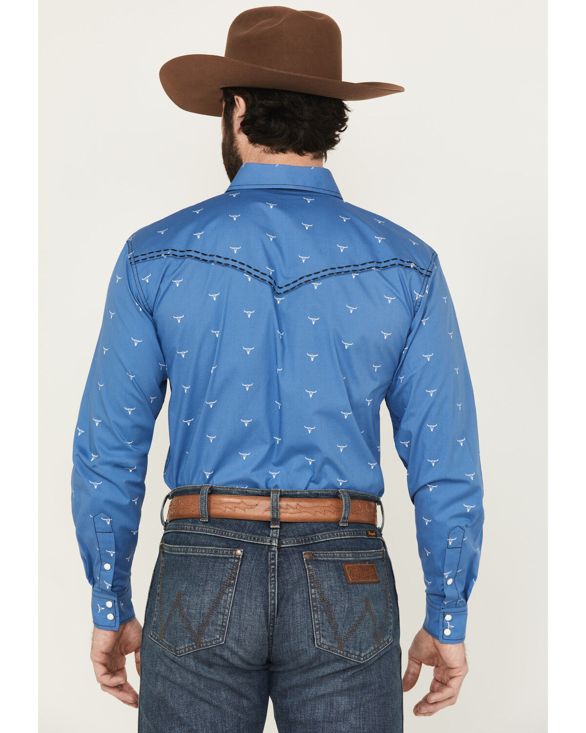 Image #4 - Cowboy Hardware Men's Steerhead Print Long Sleeve Snap Stretch Western Shirt, Royal Blue, hi-res