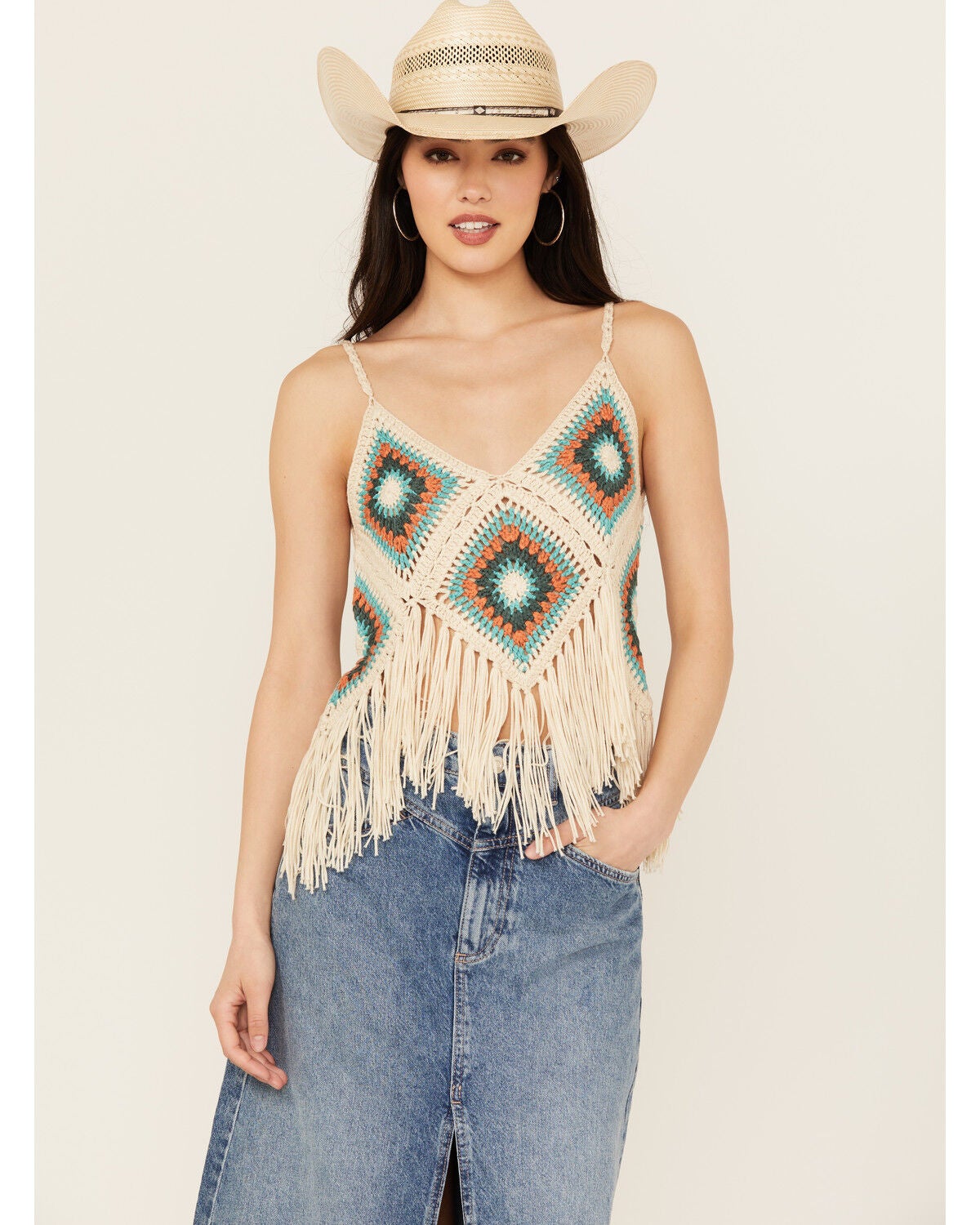 Image #1 - Rock & Roll Denim Women's Crochet Fringe Tank, , hi-res