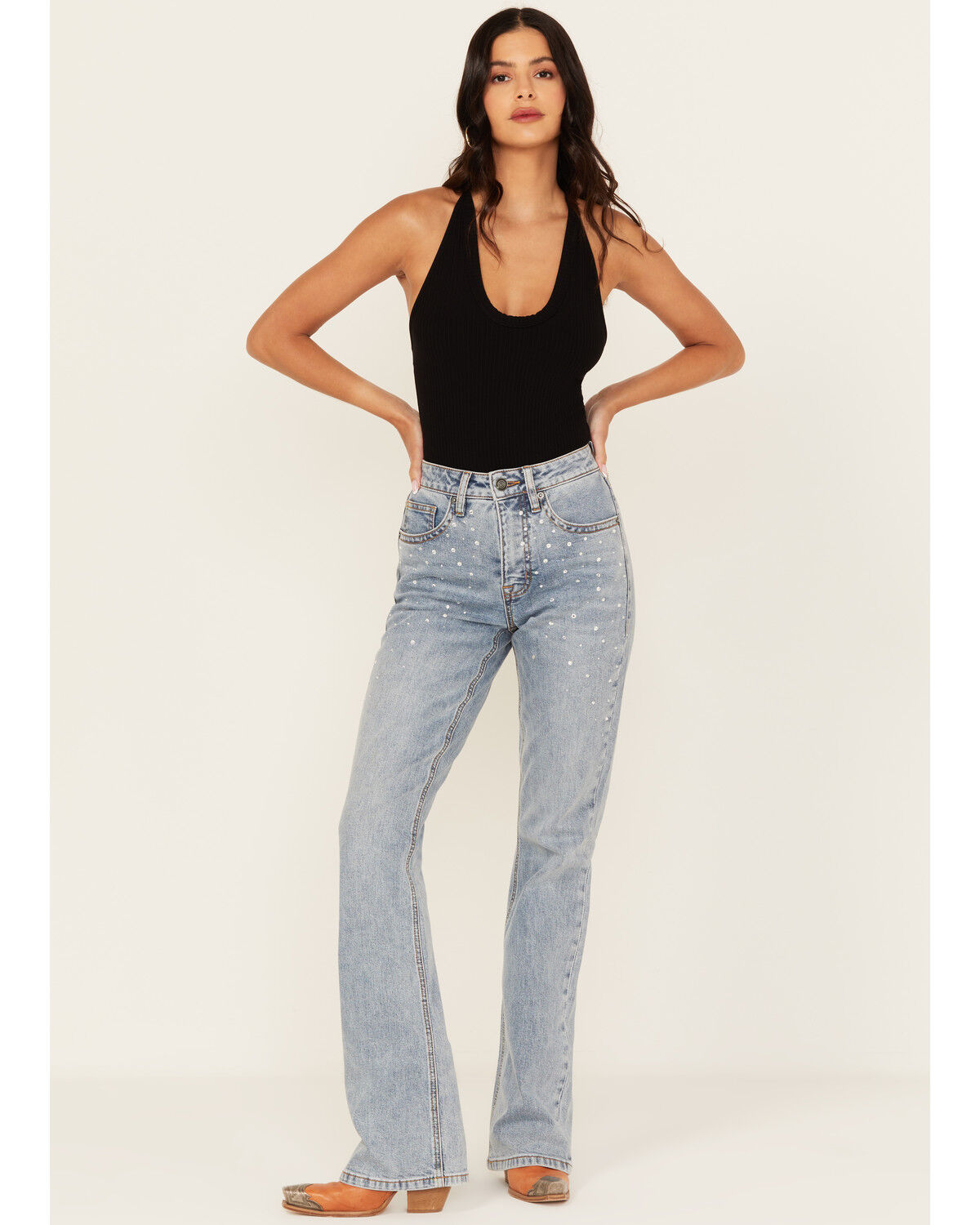 Image #1 - Rock & Roll Denim Women's Light Wash High Rise Rhinestone Studded Bootcut Stretch Denim Jeans, Light Wash, hi-res