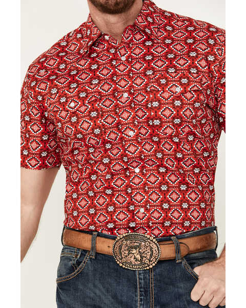 Image #3 - Rodeo Clothing Men's Southwestern Print Short Sleeve Pearl Snap Stretch Western Shirt , Red, hi-res