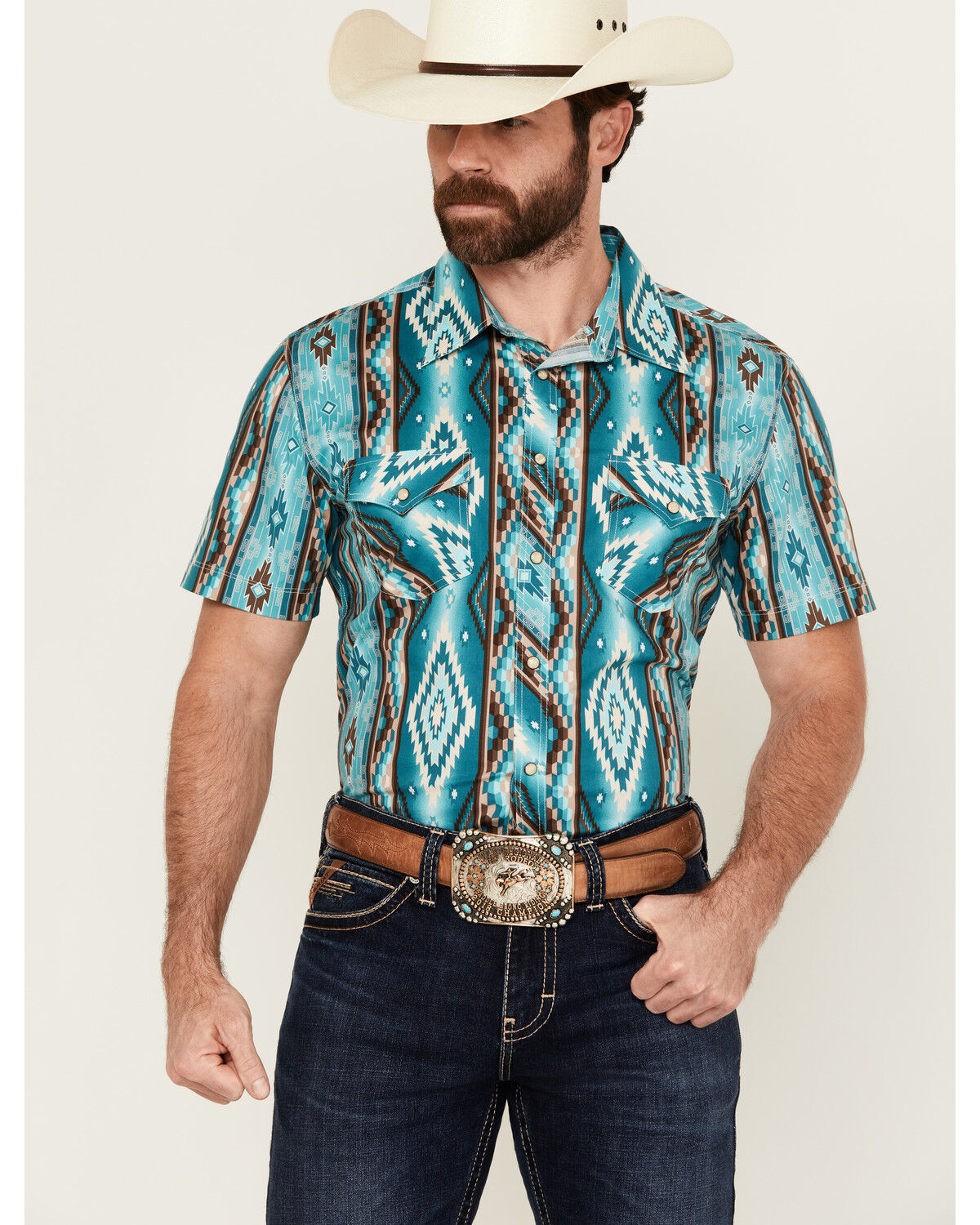 Image #1 - Rock & Roll Denim Men's Southwestern Print Short Sleeve Snap Stretch Western Shirt, Turquoise, hi-res