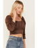 Image #2 - Beyond The Radar Women's Faux Suede Tie Back Crop Top, Chocolate, hi-res