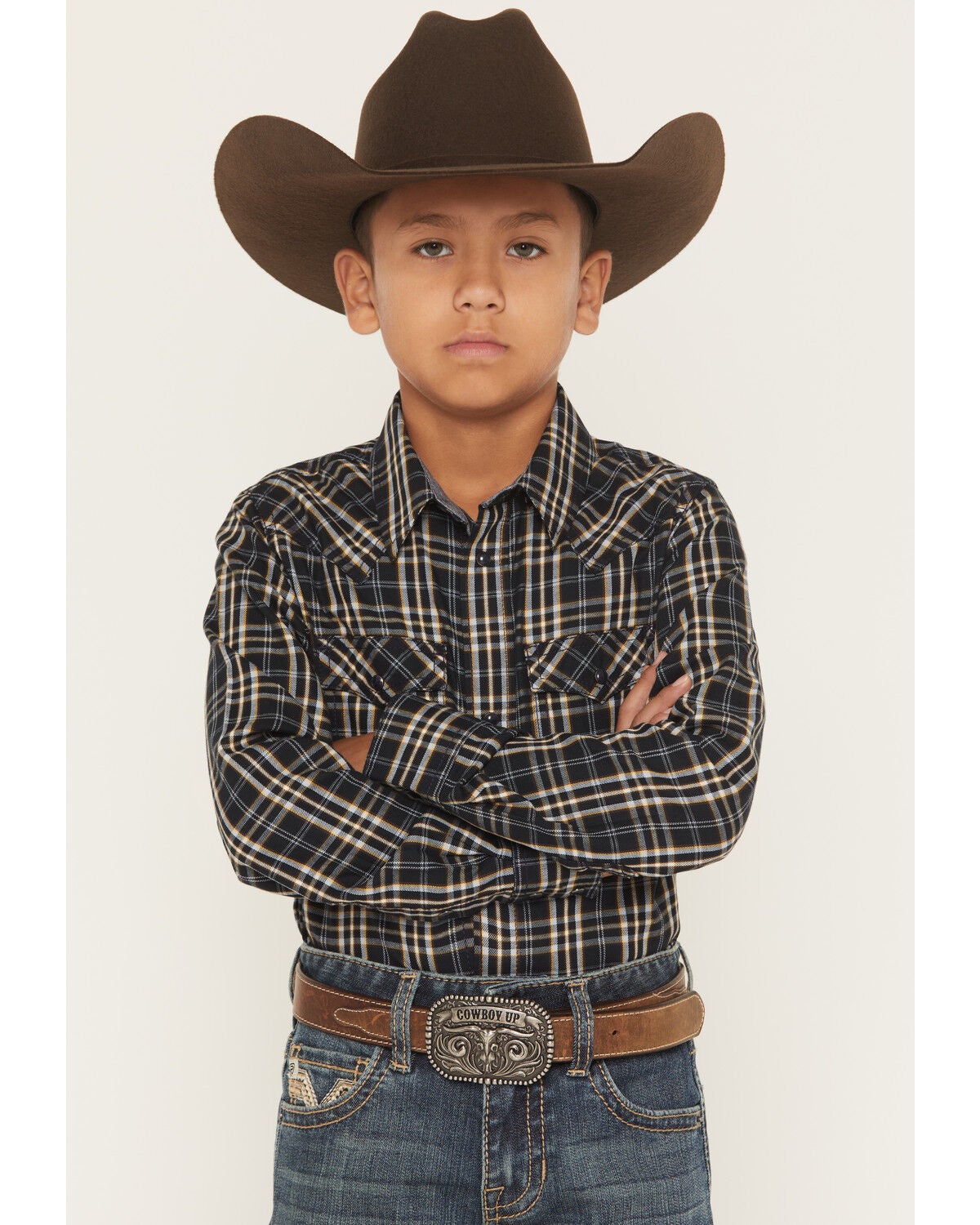 Cody James Boys' Warriors Way Plaid Print Long Sleeve Snap Western Shirt, Dark Blue, hi-res